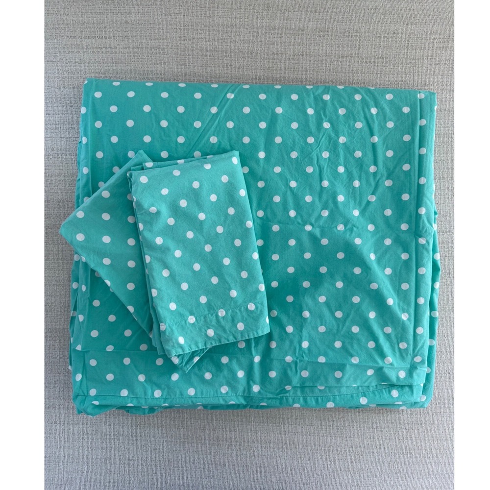 Pottery Barn Teen Full/Queen Duvet Cover & 2 Pillow Shams Teal Green White Dots
